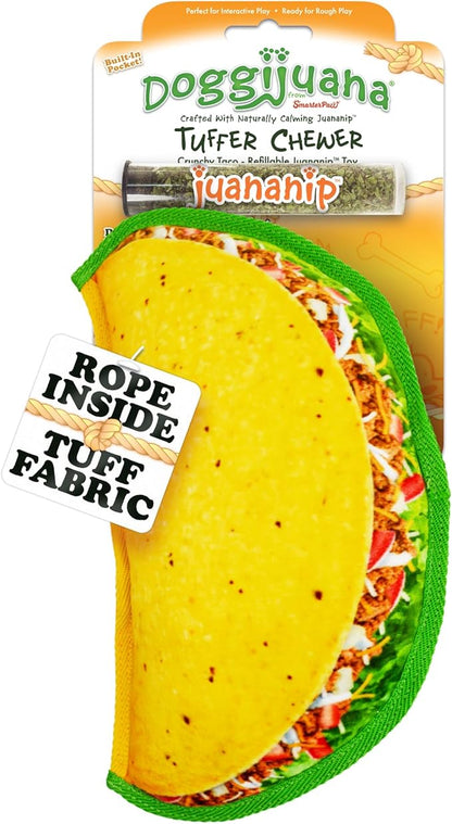 Doggijuana Tuffer Chewer Plush Dog Toy | Funny Dog Toy Plush with Juananip Catnip for Dogs | Calming Aid for Dogs | Interactive Squeaky Chew Toy for Play (Taco)