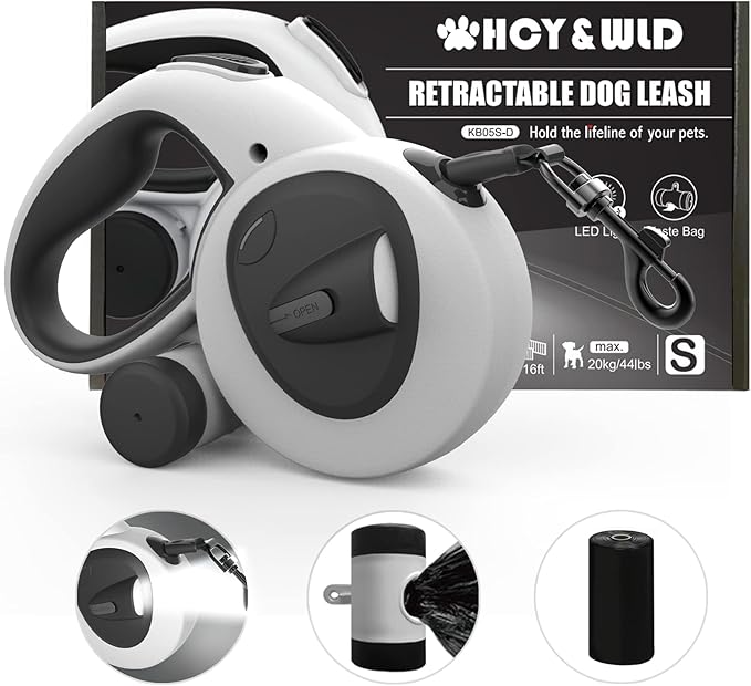 HCY&WLD Upgrade 4-in-1 Retractable Dog Leash with LED Light & Dispenser & Poop Bags, 16 ft Heavy Duty Dog Leash with Anti-Slip Handle for Dogs up to 44 lbs, 360° Tangle-Free, One Button Brake & Lock
