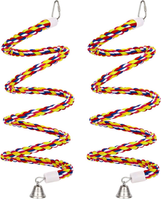 2Pcs 43'' Bird Rope Perches Birdcage Swing Toys 100% Cotton Natural Bird Perch Peck/Chewing with Bell Climbing Standing Bungee Parrot Toys for Small to Regular Size Parrot Cockatiel Birds