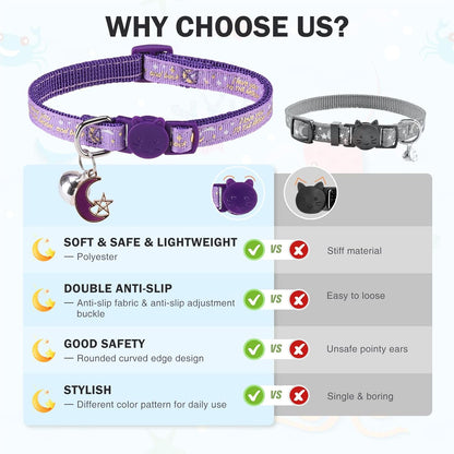 Cat Collar with Bells Breakaway, 3 Pack Moon and Star Cat Collar Reflective, Cute Kitten Collars with Pendant Glow in The Dark for Girl Boy Cats, 8"-12" Adjustable Safe Dog Puppy Kitty Collar