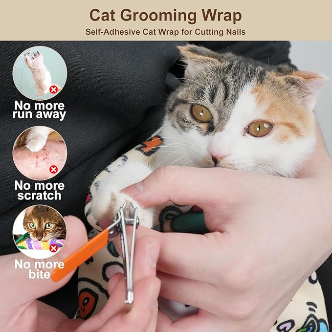 27.6" Large Cat Grooming Wrap – Anti-Escape Cat Wrap for Cutting Nails, Brushing & Medication – Soft, Comfortable, Reusable, Self-Adhering, Holds Cats Up to 15lbs (Elephant Cat)