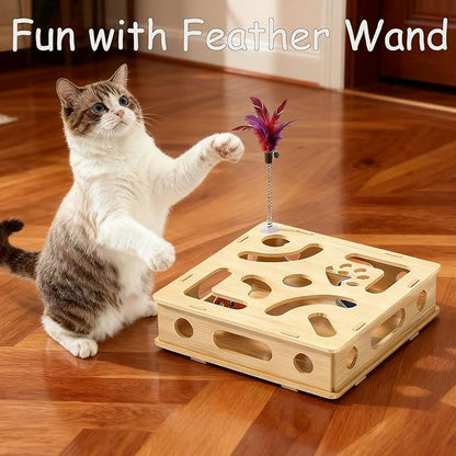 Cat Scratch Puzzle Enrichment Box Nail File - Natural Solid Oak Wood Cat Toy with 6 Bell Balls & Feather Wand, Furniture Protector & Stress-Free Nail Care for Indoor Cats, Best Gift for cat