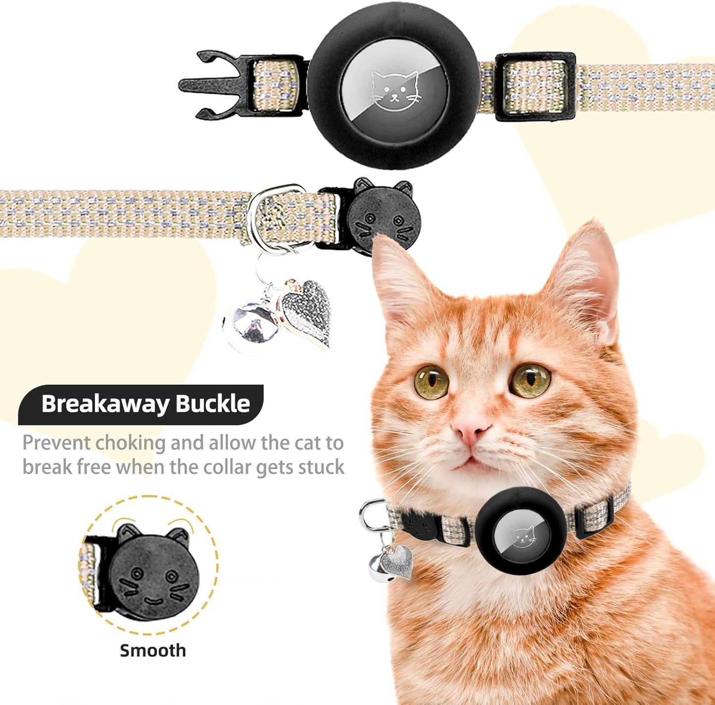 PUPTECK Airtag Cat Collar Breakaway 2 Pack with Bells, Reflective Kitten Collar with Air Tag Holder for Boy Girl Kitty and Puppies, Soft, Black & Beige