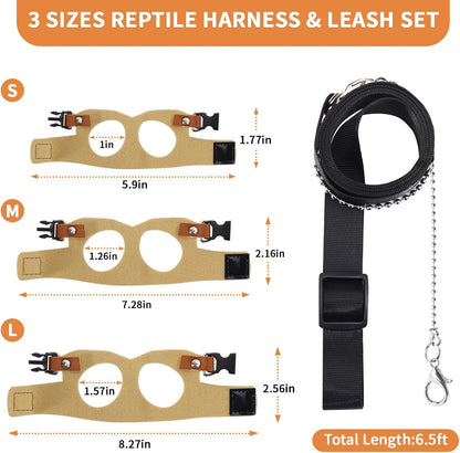 3 Pack Bearded Dragon Leash and Harness Set for Small Animals, 6.5FT Leash with 3 Sizes Adjustable Harness for Lizard Walking Adventure, Soft Vest Clothes for Squirrel Reptile Lovers -Brown