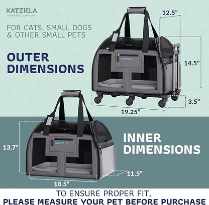 Katziela Airline Approved Pet Carrier - Rolling Portable Travel Carry Crate for Small Dog, Puppy or Cat - Soft Removable Wheeled Design with Mesh Window Sides - Airplane and TSA Compliant (Dark Grey)