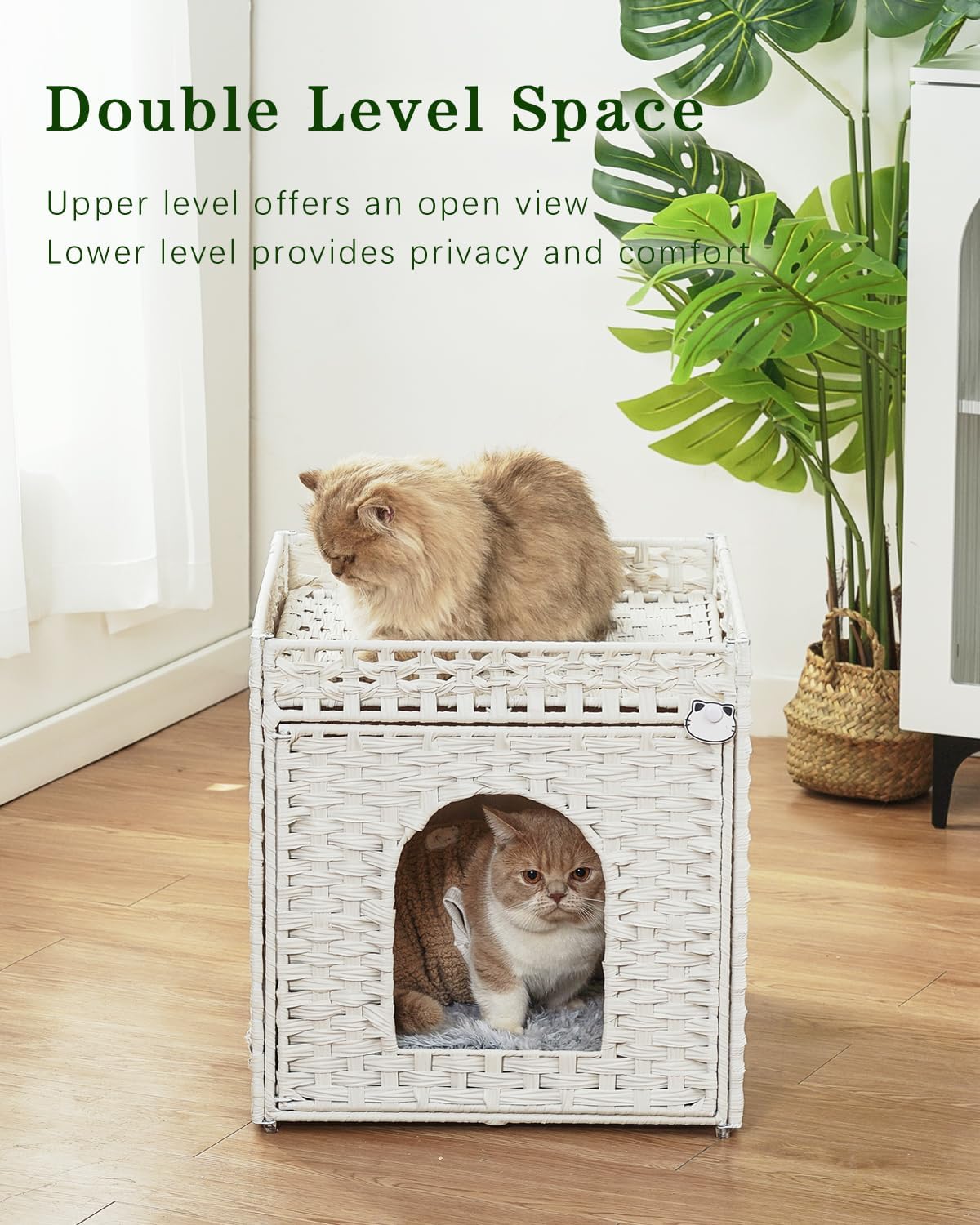 Cat Beds for Indoor Cats Extra Large Double Cat Cave Pet Cube, Handwoven Rattan Cat Houses with Double-Sided Soft Cushions, 18.5 x 20.5 x 19.1 Inches Foldable Hideaway in Living Room White