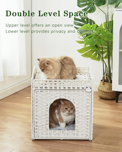 Cat Beds for Indoor Cats Extra Large Double Cat Cave Pet Cube, Handwoven Rattan Cat Houses with Double-Sided Soft Cushions, 18.5 x 20.5 x 19.1 Inches Foldable Hideaway in Living Room White