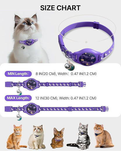 Cat Collar with Airtag Holder, Breakaway Airtag Cat Collar for Apple Air Tag with Luminous & Reflective Pattern, Waterproof GPS Cat Tracker Collars for Boy Girl Cats Kittens with Bell, Purple (8-12")