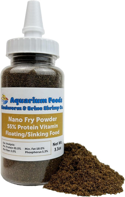 Aquatic Foods Inc. Nano Fry Powder, 55% Protein Vitamin Rich Floating/Slow Sinking Powdered Fry Growth Food for All Tropical Fish, Baby Cichlids, Bettas, Tetras, Guppies...3.3oz Squeeze Bottle