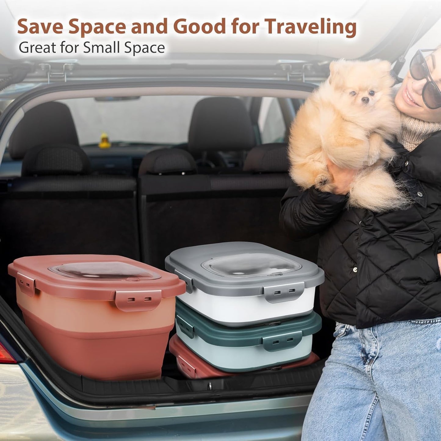 Dog Food Storage Container, 5-20Lbs Collapsible Pet Food Storage Containers with Rolling Wheel Airtight Locking Lid, Dry Food Storage Bin with Cup and Scoop,Suitable for Pet Food, Rice, Flour