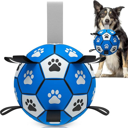 QDAN Dog Ropes Toys, Soccer Ball with Straps, Puppy Birthday Gifts, Durable Balls for Medium Large Dogs-Blue&Grey（8 Inch）