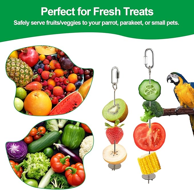 2 Pcs Bird Cage Food Holder Stainless Steel Parrot Fruit & Vegetable Skewer Hanging Foraging Toy for Parakeets, Budgies, Macaws