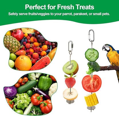 2 Pcs Bird Cage Food Holder Stainless Steel Parrot Fruit & Vegetable Skewer Hanging Foraging Toy for Parakeets, Budgies, Macaws