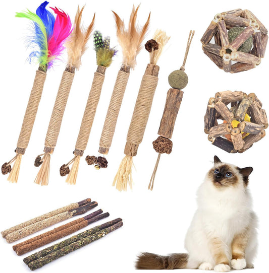 TINDTOP Cat Chew Toys, 12 Pack Silvervine Chew Sticks with 2 Pack Cage Balls for Kittens Teeth Cleaning, Matatabi Dental Care, Increase Appetite, Aggressive Chewers Cat Dental Toy