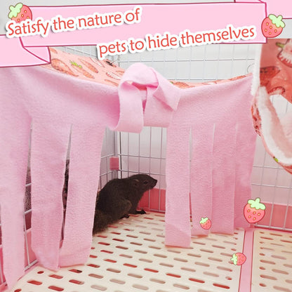 LEFTSTARER Pet Small Animal Hanging Hammock Ferret Bunkbed Hammock Cage Toy for Hamster Rat Sugar Glider Parrot Guinea Pig Hideout Play Sleep (Strawberry Hammock and Corner Hideout)