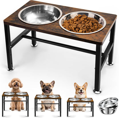 Elevated Dog Bowls, 3 Height Adjustable Raised Dog Water Food Bowl Wooden Metal Stand, 42OZ-Stainless Steel Bowls for Medium Small Dogs