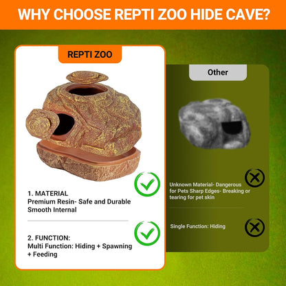 REPTI ZOO Gecko Hide Cave, 2 in 1 Snake Reptile Hideout for Hide & Rest & Breed & Feeding, Reptile & Amphibian Habitat Decor for Corn Snake, Small Snake, Ball Python, Crested Gecko, Leopard Gecko