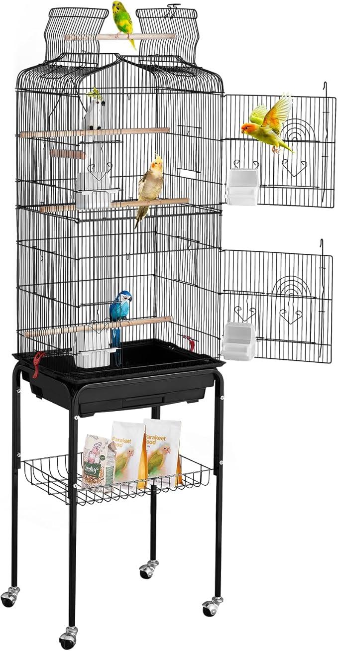 VEVOR 64-inch Open Top Large Parrot Bird Cage with Detachable Rolling Stand for Parakeets Finches Canaries Lovebirds Cockatiels Budgies Small Quaker Conures Flight Birdcage with Swing and Perch