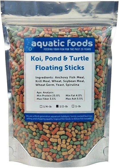Aquatic Foods Inc. Koi, Pond & Turtle 7/16" x 5/32" 25% Protein Floating Sticks. Spirulina, Color Enhancing & Wheat Germ Sticks for Koi, All Pond Fish, Aquatic Turtles...WL…1/2-lb Foil Pouch Bag