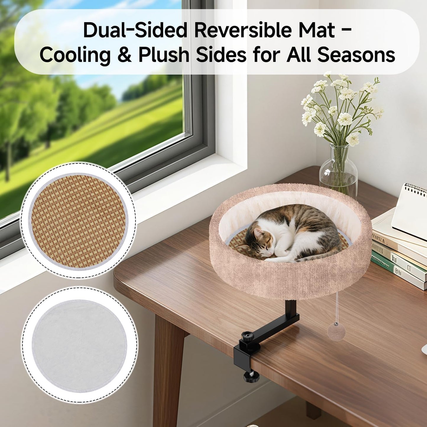 Cat Desk Bed - 360° Rotating & Adjustable, Supports 44 lbs, Soft Faux Fur with Dual-Sided Reversible Mat, Modern Indoor Cat Nest Furniture for Office Desks and Game Tables, Island Table