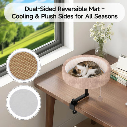 Cat Desk Bed - 360° Rotating & Adjustable, Supports 44 lbs, Soft Faux Fur with Dual-Sided Reversible Mat, Modern Indoor Cat Nest Furniture for Office Desks and Game Tables, Island Table