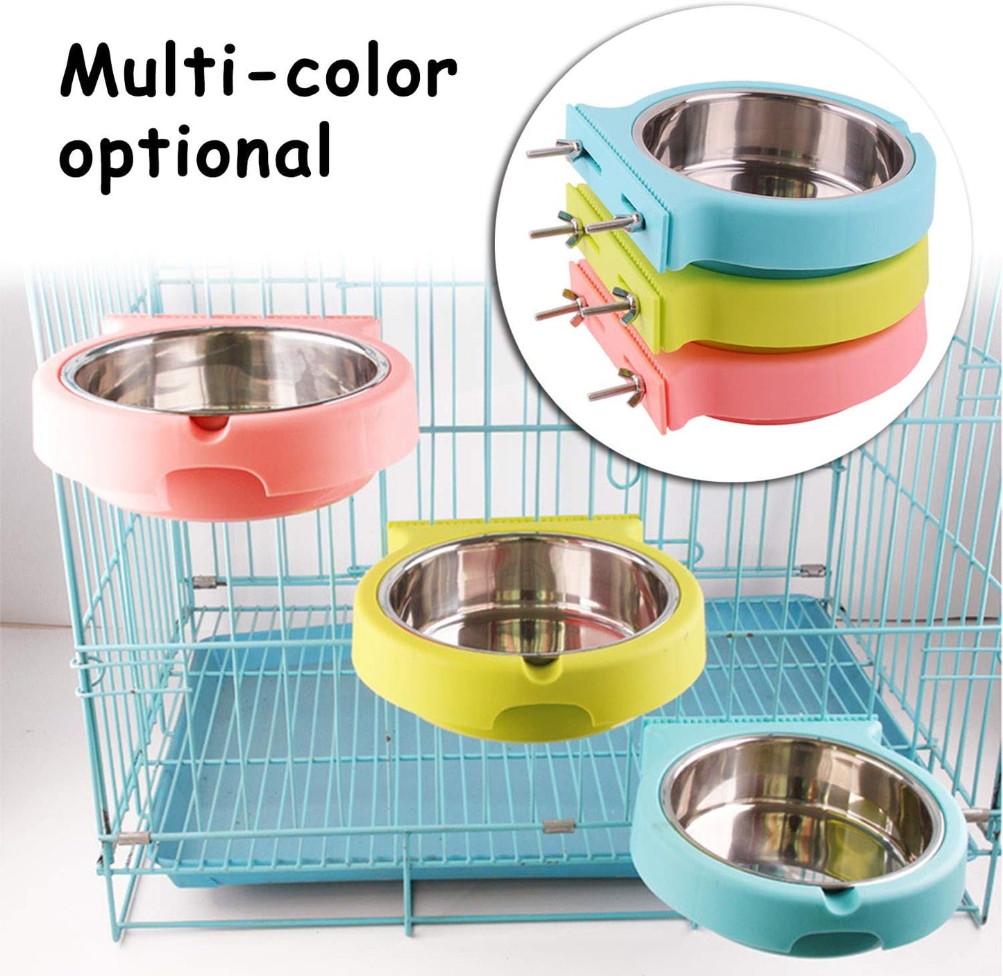Crate Dog Bowl Removable Stainless Steel Water Food Bowls Cage Coop Cup for Cat Puppy Bird Pets (Large, Green with Corrugated Clip)