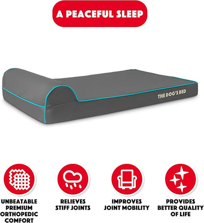 The Dog’s Bed Orthopedic Headrest Dog Bed Large Grey with Blue Trim, Memory Foam, Pain Relief for Arthritis, Hip & Elbow Dysplasia, Post Surgery, Waterproof Washable Cover