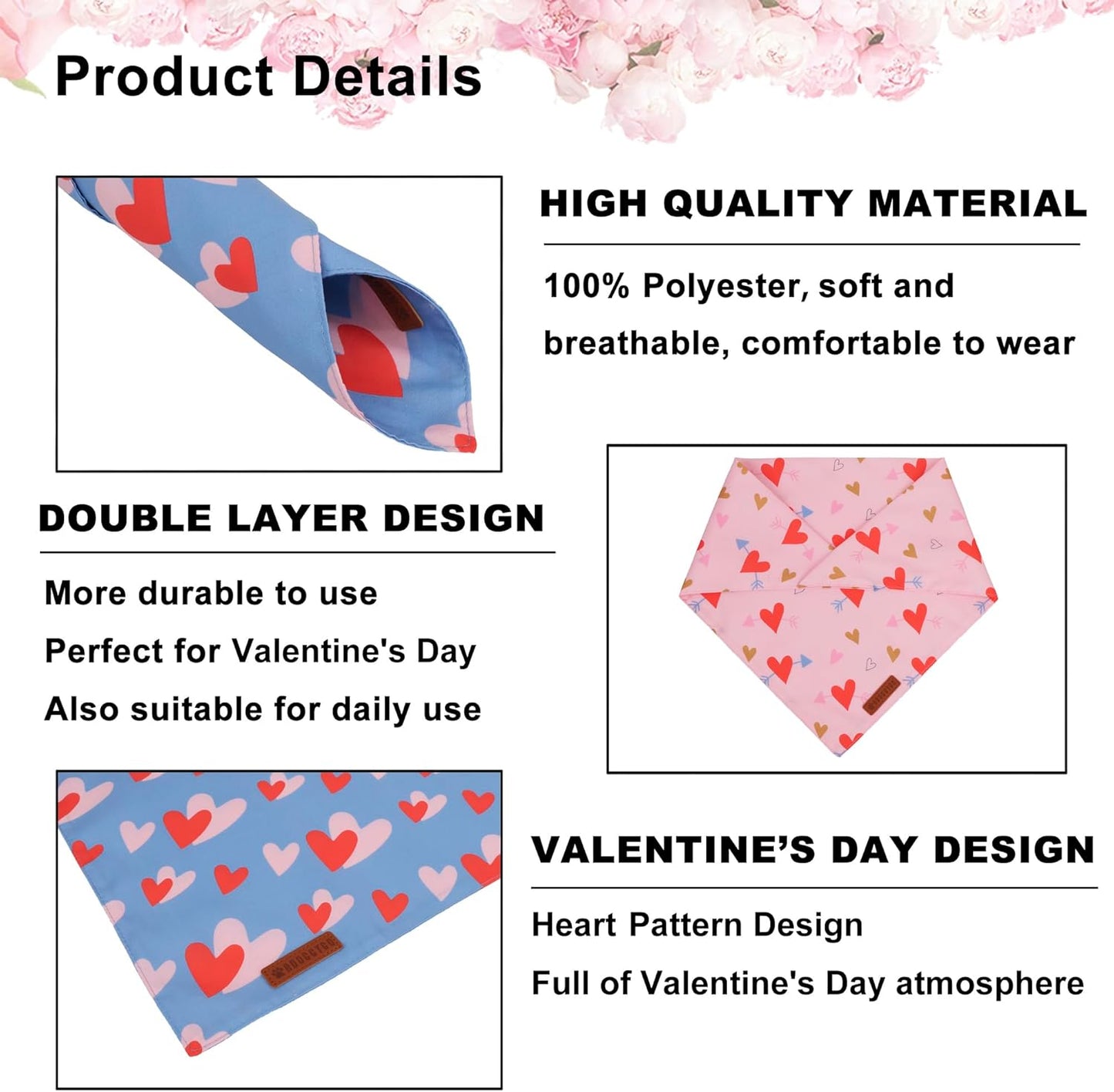 ADOGGYGO Valentine Dog Bandana, Blue Pink Heart Pet Scarf, Premium Durable Fabric, Adjustable Fit Pet Valentine Bandanas for Large and Extra Large Dogs (X-Large)