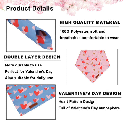 ADOGGYGO Valentine Dog Bandana, Blue Pink Heart Pet Scarf, Premium Durable Fabric, Adjustable Fit Pet Valentine Bandanas for Medium Large Dogs (Large)