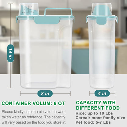 TBMax Airtight Rice Container 10 Lbs Cereal Dispenser, Small Pet Cat Dog Food Storage Container, Plastic Kitchen Pantry Food Storage Holder with Cup -Light Blue