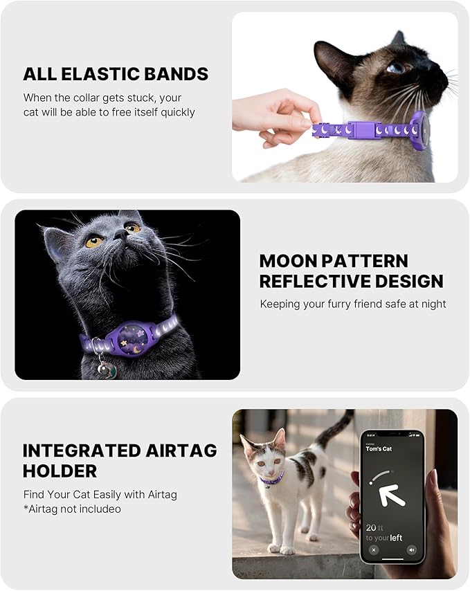 Cat Collar with Airtag Holder, Breakaway Airtag Cat Collar for Apple Air Tag with Luminous & Reflective Pattern, Waterproof GPS Cat Tracker Collars for Boy Girl Cats Kittens with Bell, Purple (8-12")