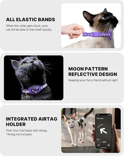 Cat Collar with Airtag Holder, Breakaway Airtag Cat Collar for Apple Air Tag with Luminous & Reflective Pattern, Waterproof GPS Cat Tracker Collars for Boy Girl Cats Kittens with Bell, Purple (8-12")