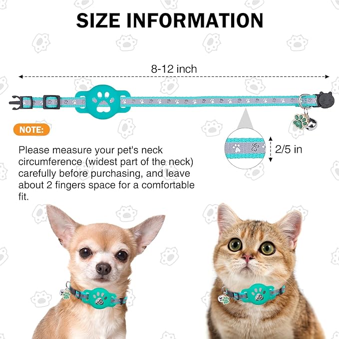 Airtag Cat Collar Breakaway, Reflective Kitten Collar with Bell and Apple Air Tag Holder, GPS Cute Cat Collar, Glow in The Dark Pet Collars for Boy Girl Cats, Kittens, Puppies, Aqua