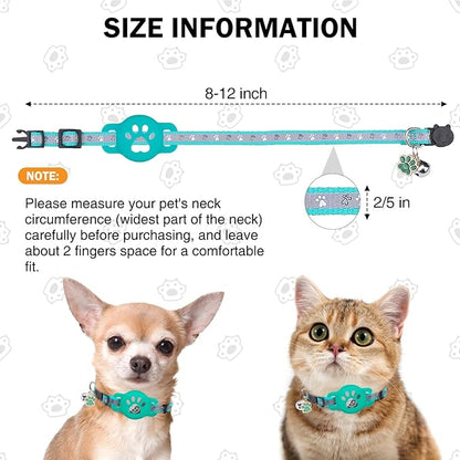 Airtag Cat Collar Breakaway, Reflective Kitten Collar with Bell and Apple Air Tag Holder, GPS Cute Cat Collar, Glow in The Dark Pet Collars for Boy Girl Cats, Kittens, Puppies, Aqua