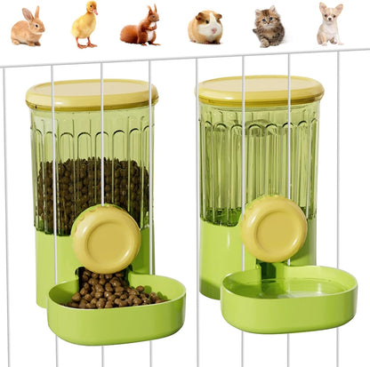 Hanging Small Pet Feeder and Water Dispenser, 1L Auto Cat Food Bowl and 0.8L Water Bottle Dispenser, Auto Gravity Pet Feeder and Waterer Set for Puppy, Kitten, Rabbit and Small Pets (Green)
