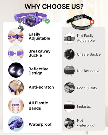 Cat Collar with Airtag Holder, Breakaway Airtag Cat Collar for Apple Air Tag with Luminous & Reflective Pattern, Waterproof GPS Cat Tracker Collars for Boy Girl Cats Kittens with Bell, Purple (8-12")