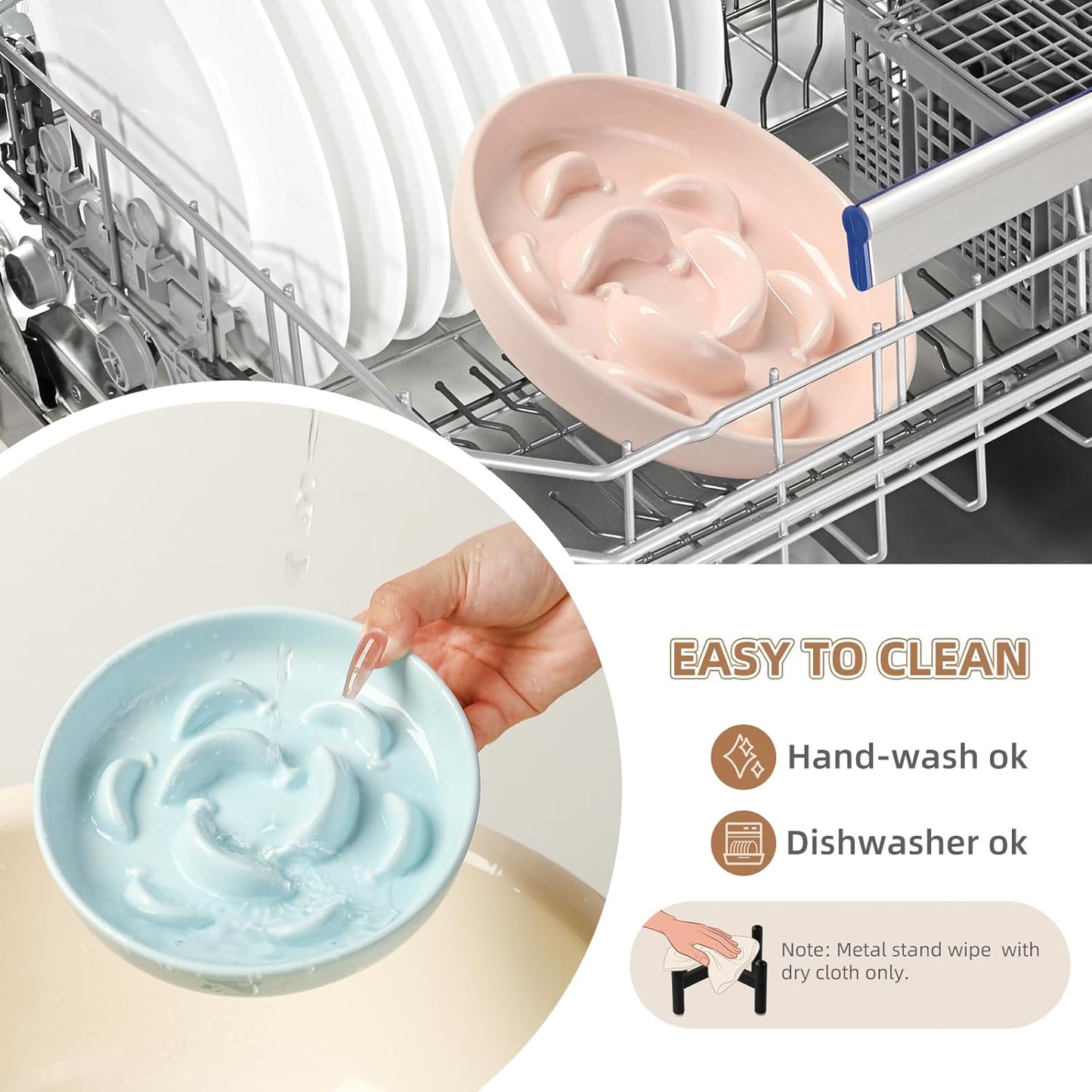 Elevated Slow Feeder Cat Bowl - Ceramic Cat Food Dish with Anti-Slip Stainless Steel Stand - Raised Maze Plate for Slow Eating - Mint Green