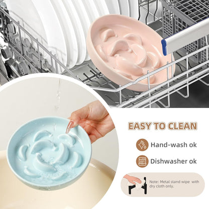 Elevated Slow Feeder Cat Bowl - Ceramic Cat Food Dish with Anti-Slip Stainless Steel Stand - Raised Maze Plate for Slow Eating - Mint Green