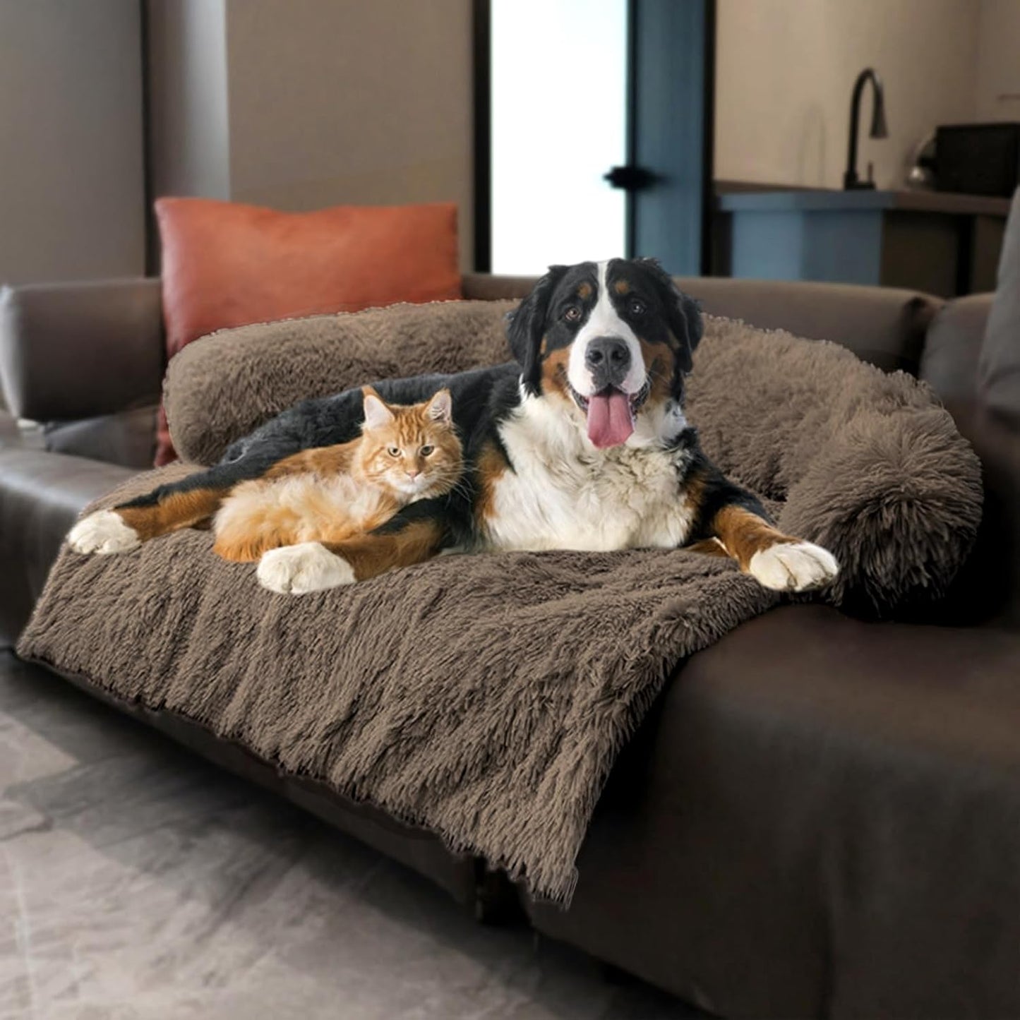 Calming Dogs/Cats Bed Mats, Dog Pad Washable Removable Couch Cover, Plush Long Fur Mat for Pets, Waterproof Lining, Perfect for Small, Medium and Large Dogs and Cats (Desert Brown, 59"x39")