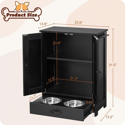 ALINE FURNITURE Dog Feeding Station with Storage Cabinet and 2 Elevated Dog Bowls, Hidden Pet Feeder Station Wood, Dog & Cat Storage Organizer, Black