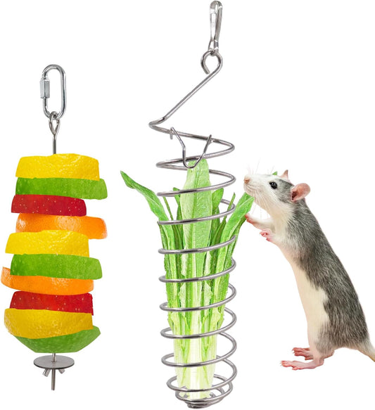 2 Pack Rat Feeding Accessories for Cage, Stainless Steel Fruit Fork and Spiral Vegetable Holder, Cage Accessories for Mouse, Hamster, Chinchilla, Rabbit and Other Small Animals