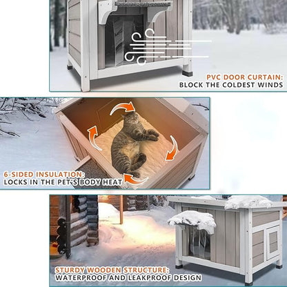 Insulated Cat House Outdoor Cat Shelter for Feral Cats in Winter,All-Round Foam Insulation Weatherproof Wooden Cat Houses for Cats Rabbits and Small Animals with Escape Door Open Roof