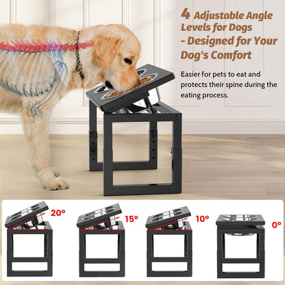 Elevated Dog Bowls Black, 4 Height & Angle Adjustable Raised Dog Bowl Stand, Elevated Dogs Bowl Station for Medium Sized, Sturdy Bamboo Dogs Feeding Station with 2 Stainless Steel Dishes (48oz/6cup)