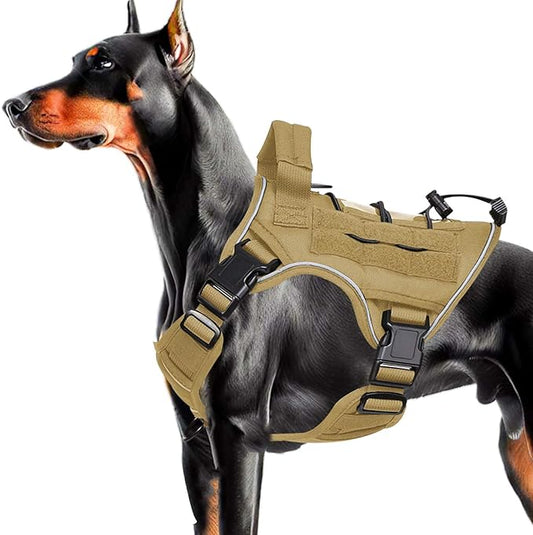 Heavy-Duty Tactical Dog Harness for Large Dogs, No Pull Adjustable Reflective Pet Vest with Molle System, K9 Military-Grade Control for Service Training, Outdoor & 10+ Breeds, Khaki, Medium