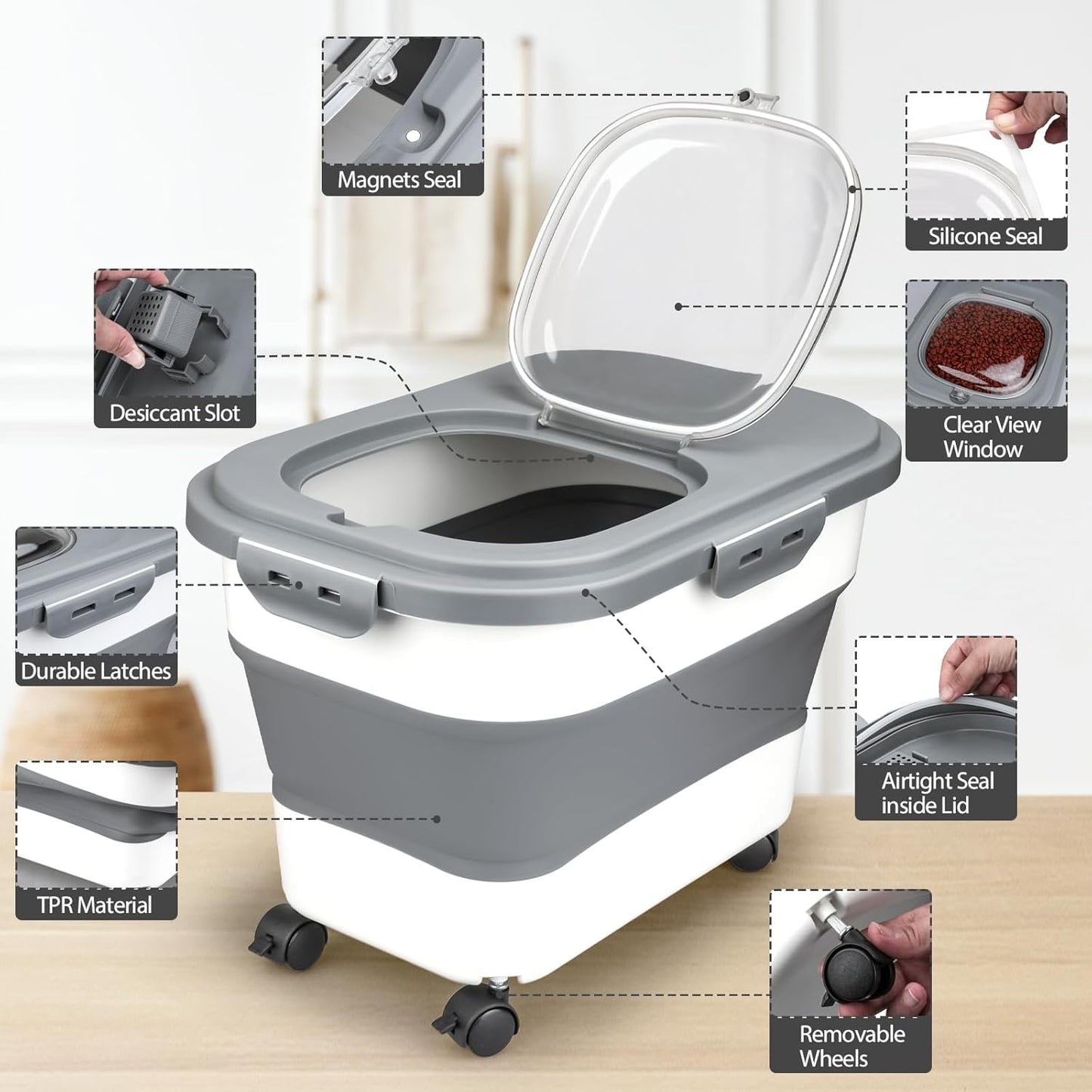 Dog Food Storage Container, 5-20Lbs Collapsible Pet Food Storage Containers with Rolling Wheel Airtight Locking Lid, Dry Food Storage Bin with Cup and Scoop,Suitable for Pet Food, Rice, Flour