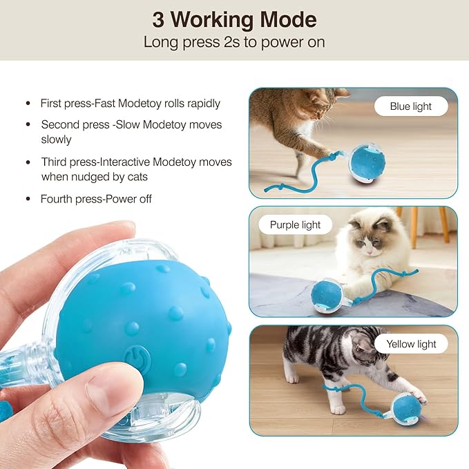 Electric Interactive Cat Toy Ball - Automatic Rolling Silicone Cat Toys for Indoor Cats, Durable Chew-Proof Motorized Kitty Ball with LED Light, Fun Exercise Toys for Bored Kittens（Blue）