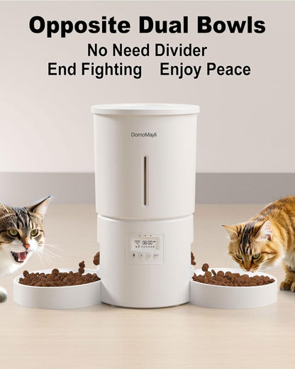 Automatic Cat Feeder for 2 Cats,Dual Bowl Dry Food Dispenser with Portion Control & 10s Voice Recorder,Timed Feeding,Dual Power,Quiet Operation(White, ABS Dual Bowls)