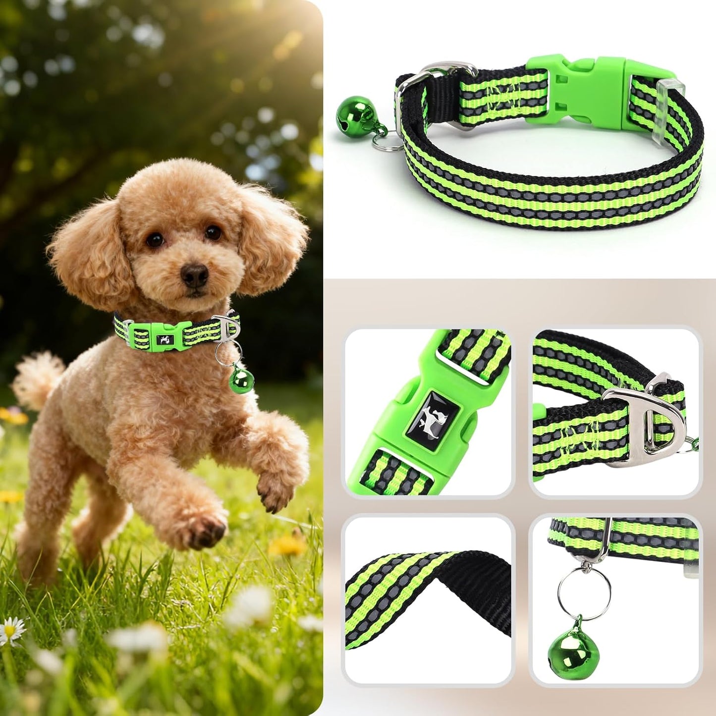 Small Dog Collar with Bell Reflective - Adjustable Tiny XS XXS Breed Collar for Girl Boy Chihuahua Puppies, Night Walk Safety Accessory（Green S）