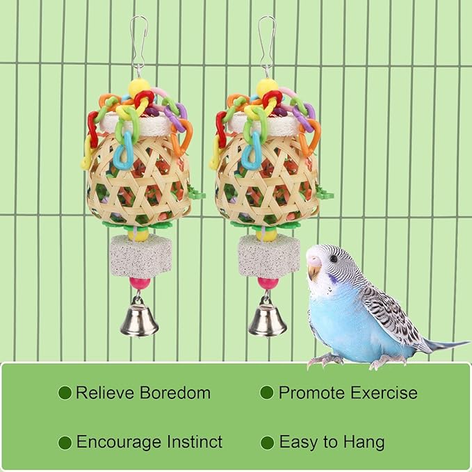 Hypeety Bird Foraging Toys Natural Seagrass Woven Basket Parrot Foraging Chewing Toy with Bell Colourful Parakeet Hanging Toys for Cockatiel Sun Parakeet Budgie Lovebirds (2pcs Woven Basket)