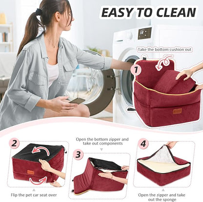 Dog Car Seat for Small Medium Dogs, Memory Foam Puppy Dog Booster Seat with Thick Cushion for Dogs Under 35lbs, Detachable Washable Pet Car Seat Travel Bed with Storage Pockets,2 Safety Belts